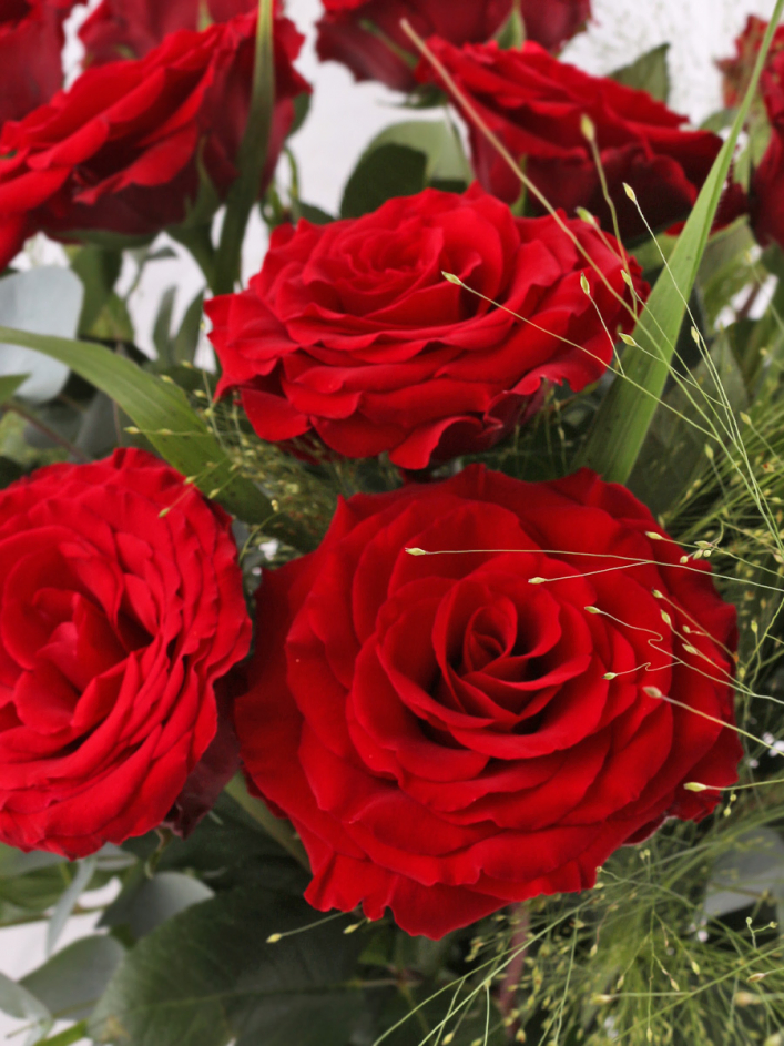 Roter Rosenstrauß mit Panicum und Eukalyptus